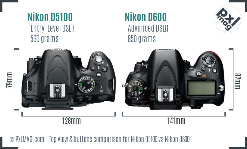 Nikon D5100 vs Nikon D600 top view buttons comparison