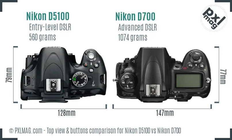 Nikon D5100 vs Nikon D700 top view buttons comparison