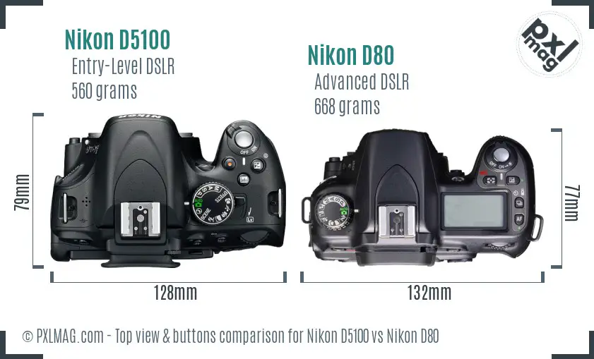 Nikon D5100 vs Nikon D80 top view buttons comparison Nikon D5100 vs Nikon D80 top view buttons comparison
