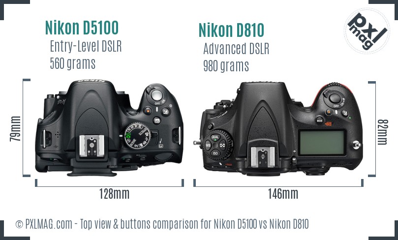 Nikon D5100 vs Nikon D810 top view buttons comparison