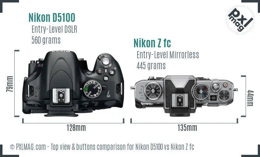Nikon D5100 vs Nikon Z fc top view buttons comparison Nikon D5100 vs Nikon Z fc top view buttons comparison
