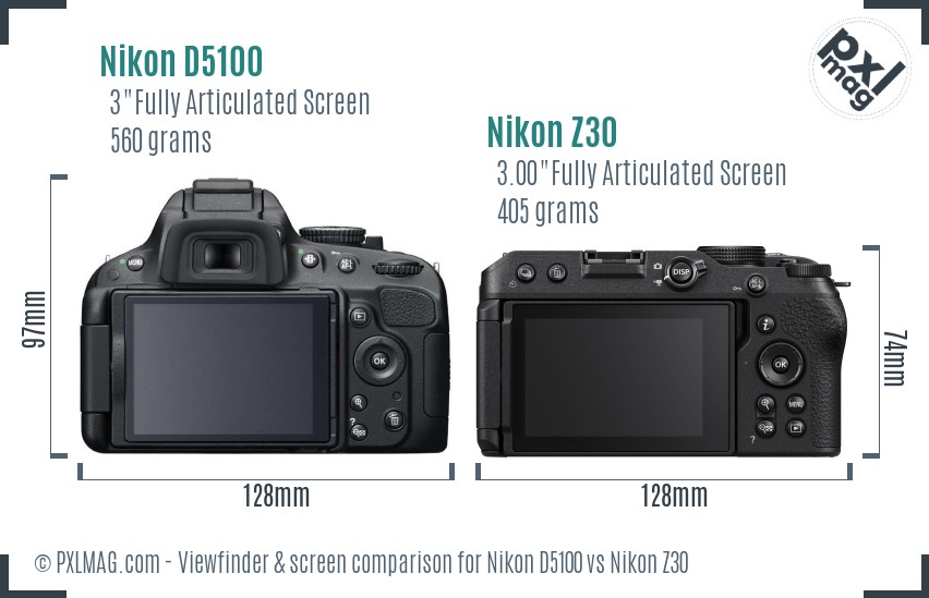 Nikon D5100 vs Nikon Z30 Screen and Viewfinder comparison