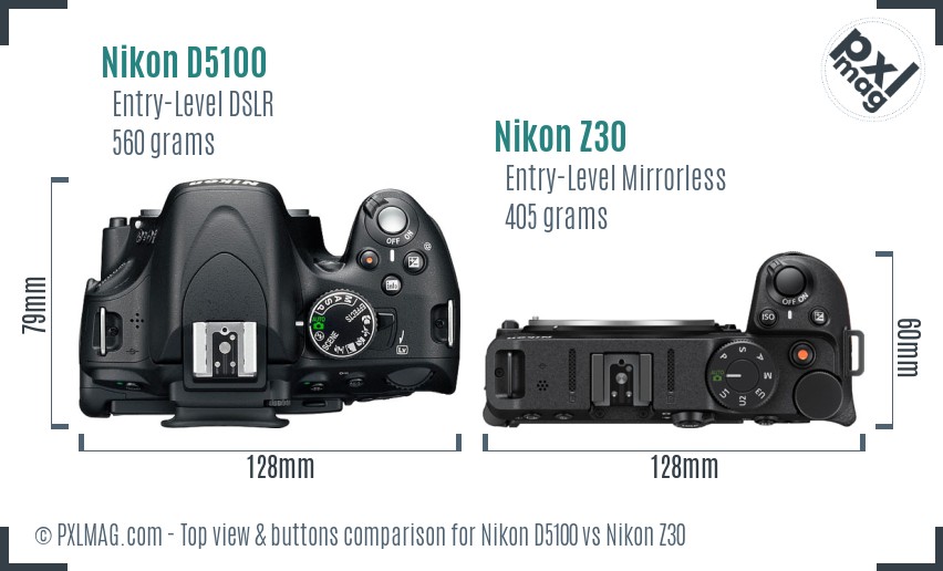 Nikon D5100 vs Nikon Z30 top view buttons comparison
