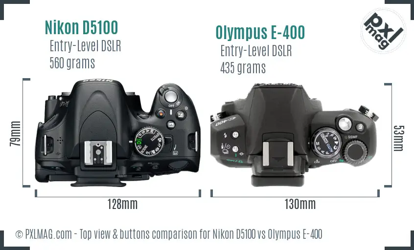 Nikon D5100 vs Olympus E-400 top view buttons comparison