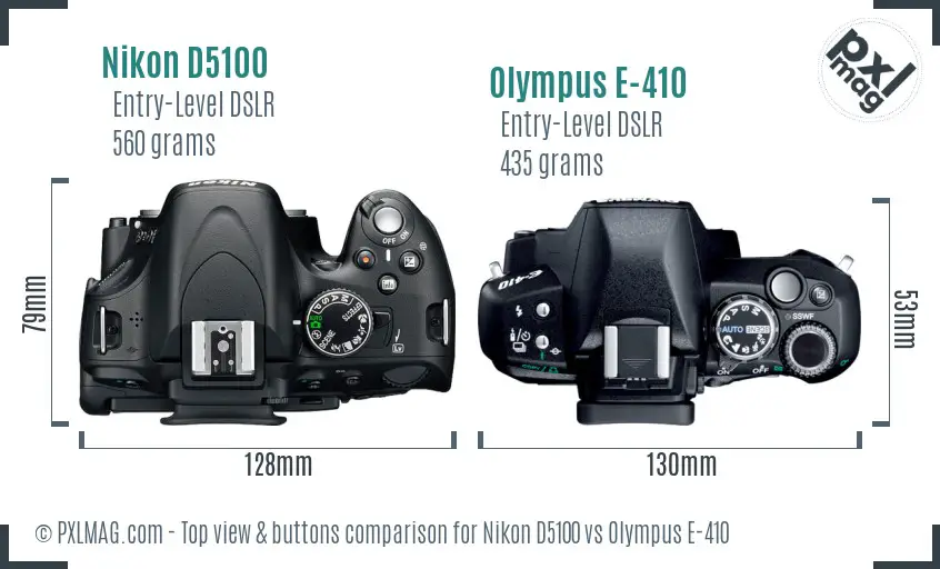 Nikon D5100 vs Olympus E-410 top view buttons comparison