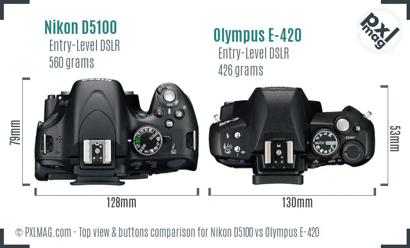 Nikon D5100 vs Olympus E-420 top view buttons comparison