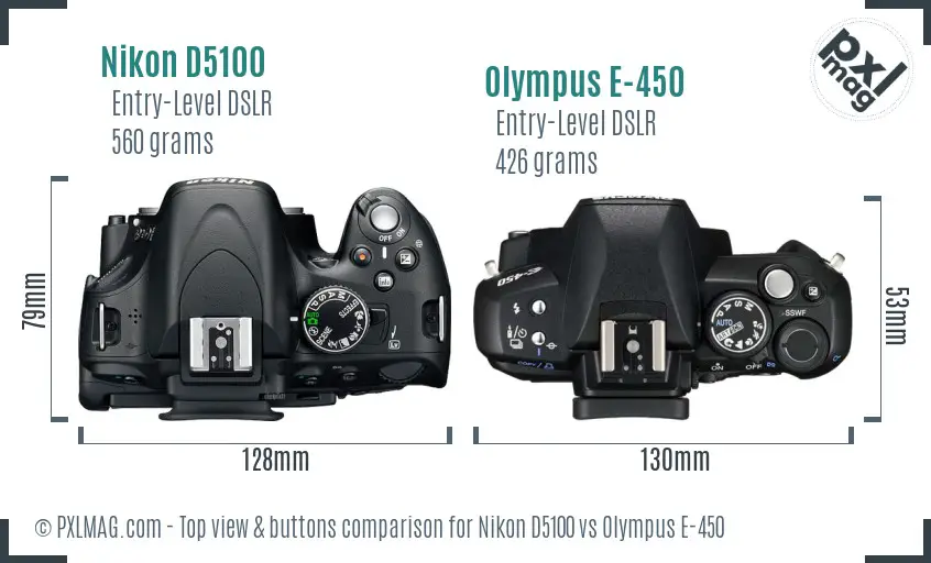 Nikon D5100 vs Olympus E-450 top view buttons comparison