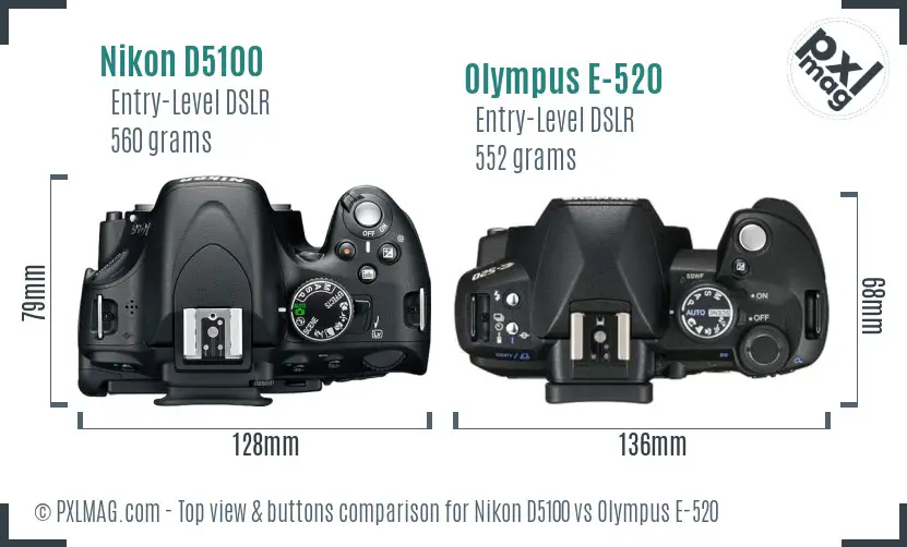 Nikon D5100 vs Olympus E-520 top view buttons comparison