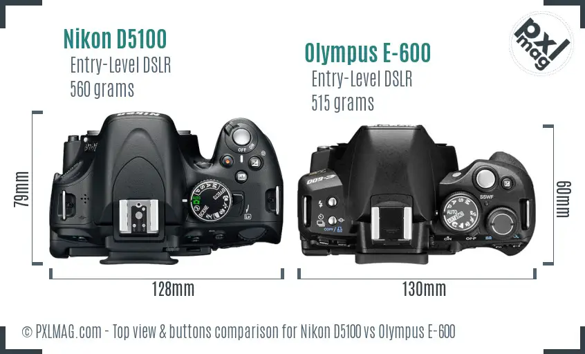 Nikon D5100 vs Olympus E-600 top view buttons comparison