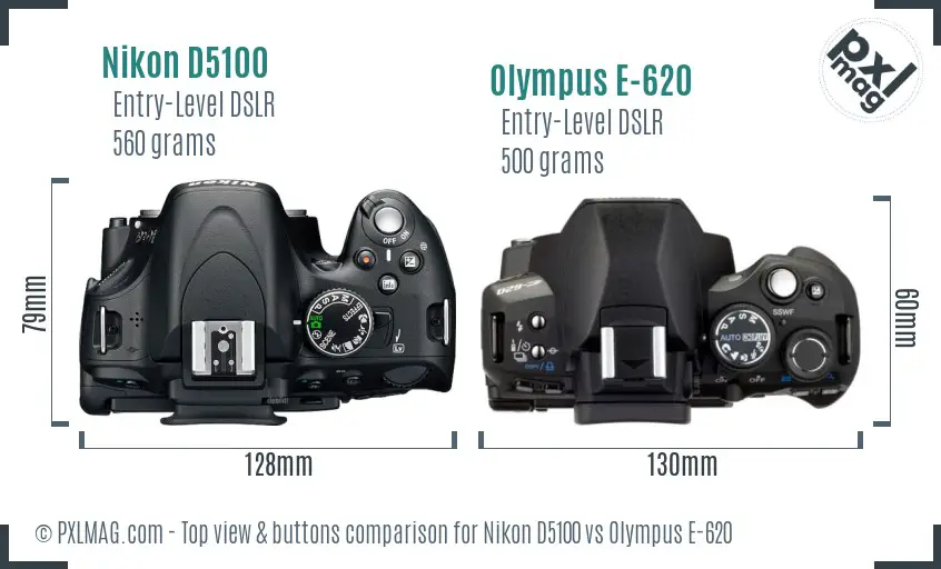 Nikon D5100 vs Olympus E-620 top view buttons comparison