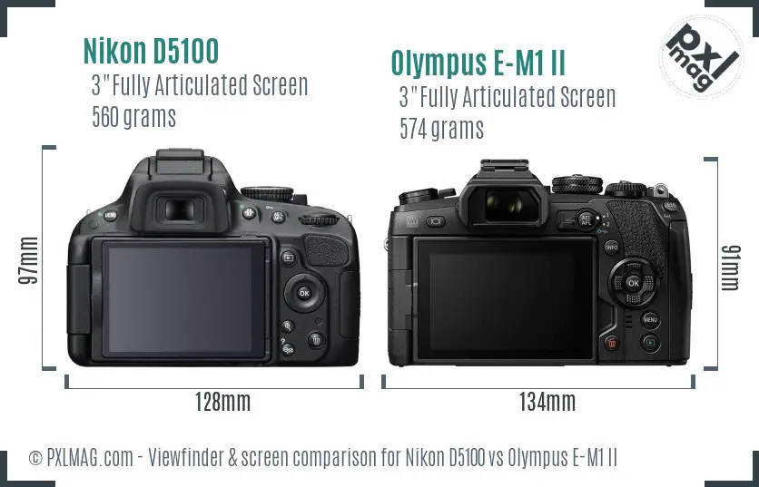 Nikon D5100 vs Olympus E-M1 II Screen and Viewfinder comparison