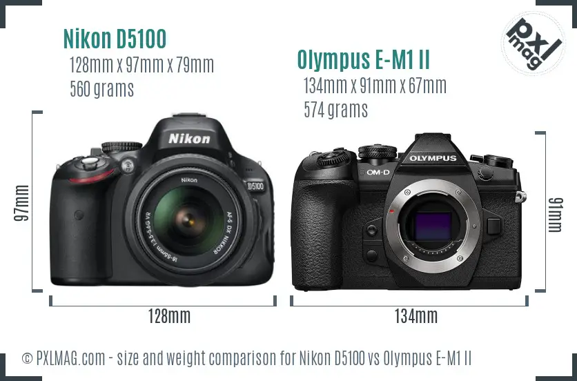 Nikon D5100 vs Olympus E-M1 II size comparison