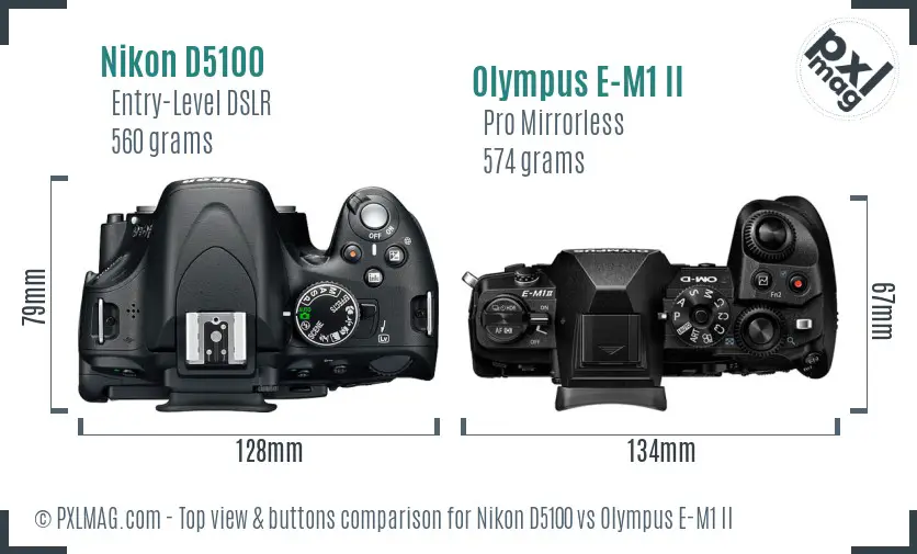 Nikon D5100 vs Olympus E-M1 II top view buttons comparison