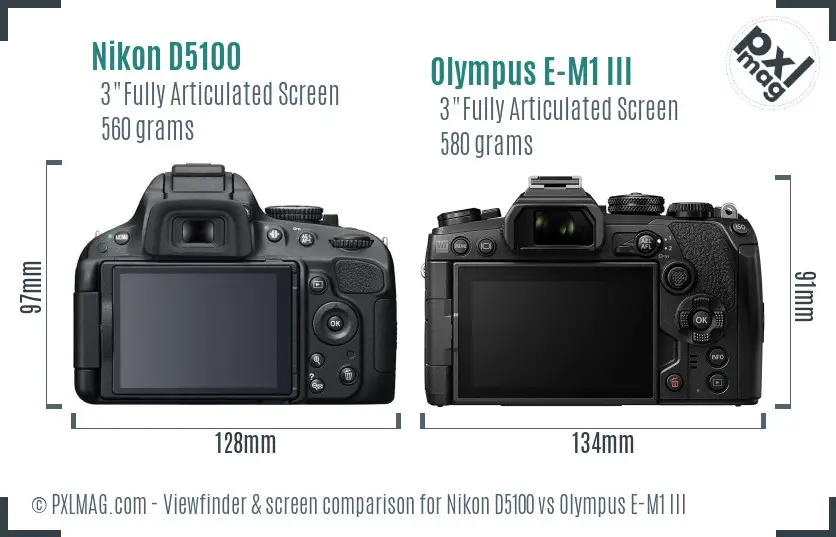Nikon D5100 vs Olympus E-M1 III Screen and Viewfinder comparison