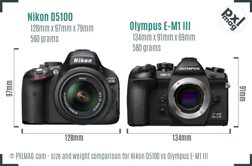 Nikon D5100 vs Olympus E-M1 III size comparison