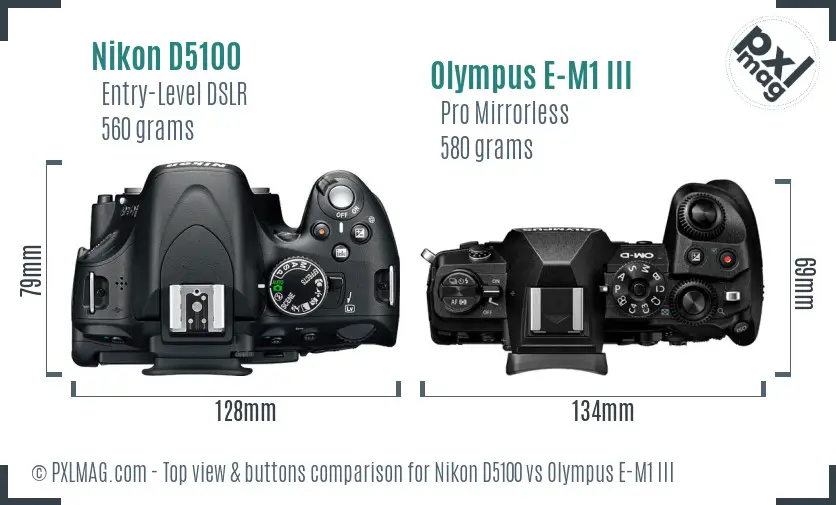 Nikon D5100 vs Olympus E-M1 III top view buttons comparison