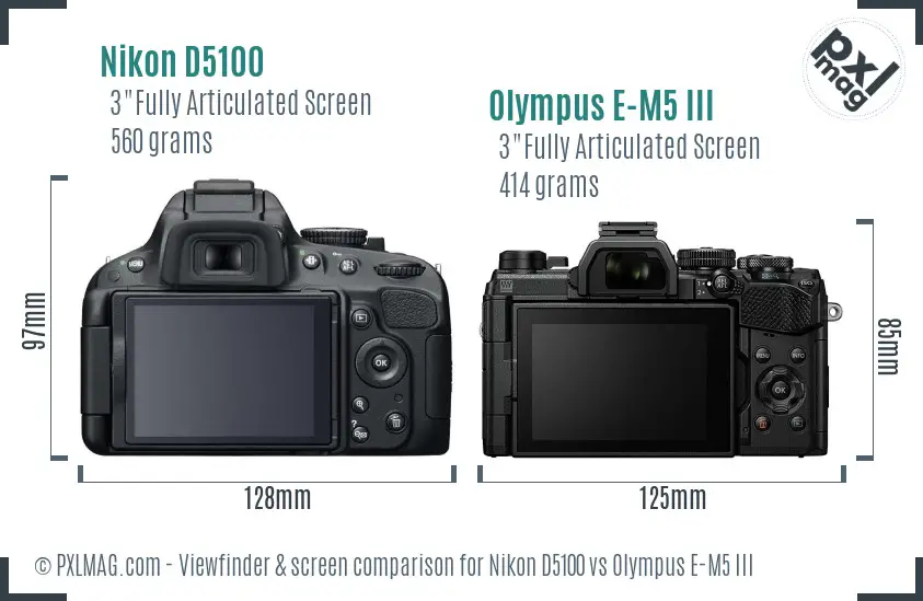 Nikon D5100 vs Olympus E-M5 III Screen and Viewfinder comparison