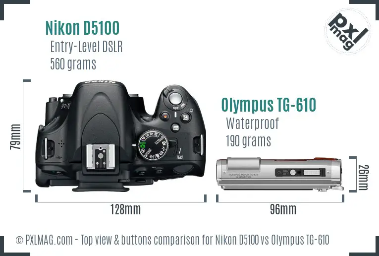 Nikon D5100 vs Olympus TG-610 top view buttons comparison
