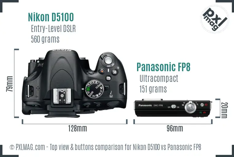Nikon D5100 vs Panasonic FP8 top view buttons comparison Nikon D5100 vs Panasonic FP8 top view buttons comparison