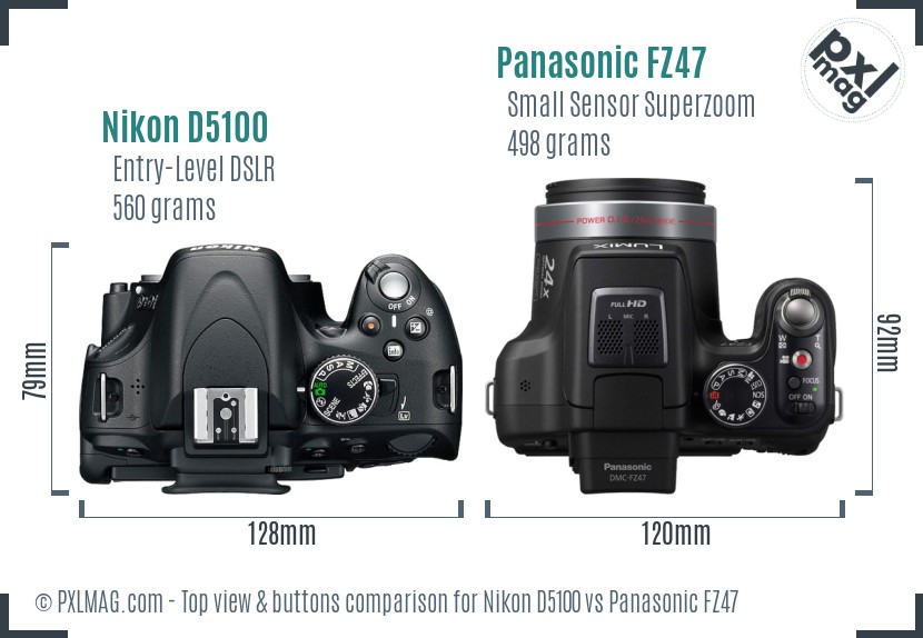 Nikon D5100 vs Panasonic FZ47 top view buttons comparison