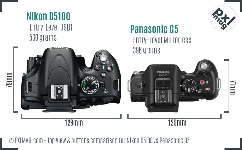 Nikon D5100 vs Panasonic G5 top view buttons comparison
