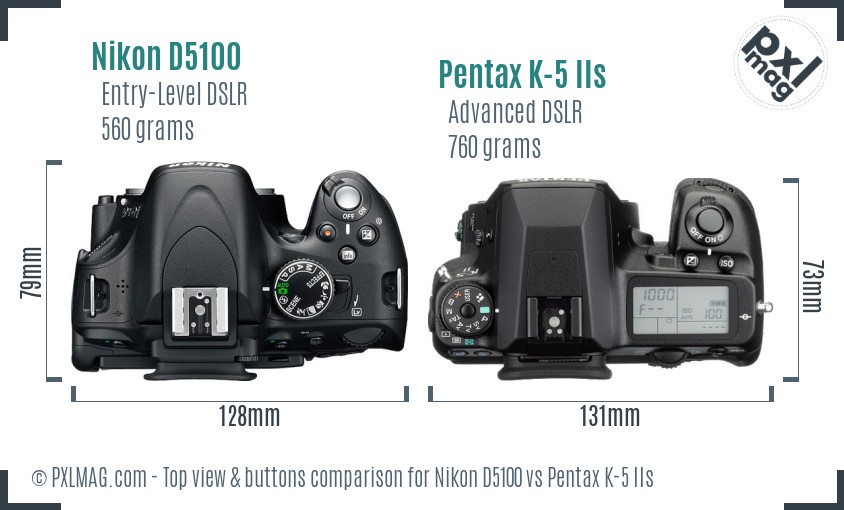 Nikon D5100 vs Pentax K-5 IIs top view buttons comparison
