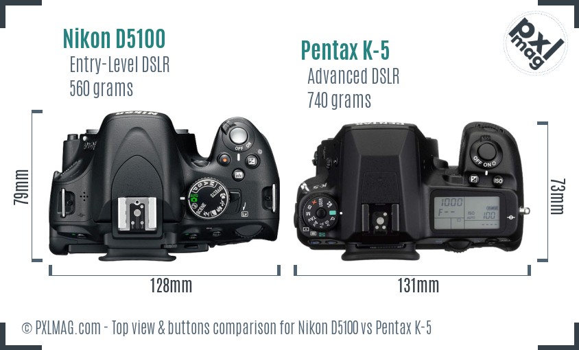 Nikon D5100 vs Pentax K-5 top view buttons comparison