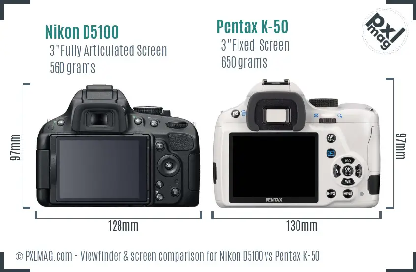 Nikon D5100 vs Pentax K-50 Screen and Viewfinder comparison