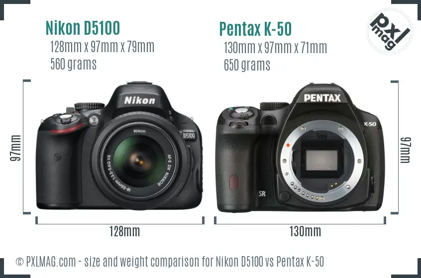 Nikon D5100 vs Pentax K-50 size comparison