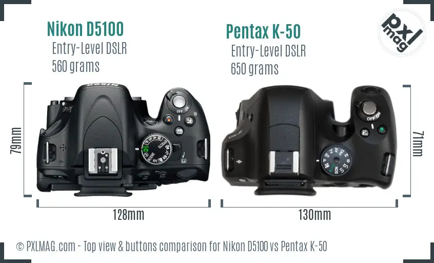 Nikon D5100 vs Pentax K-50 top view buttons comparison