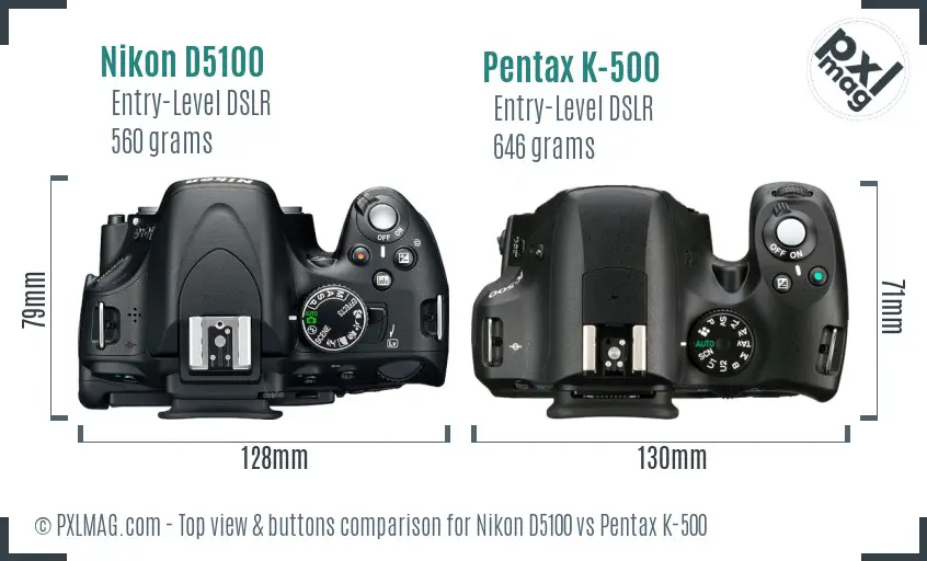 Nikon D5100 vs Pentax K-500 top view buttons comparison