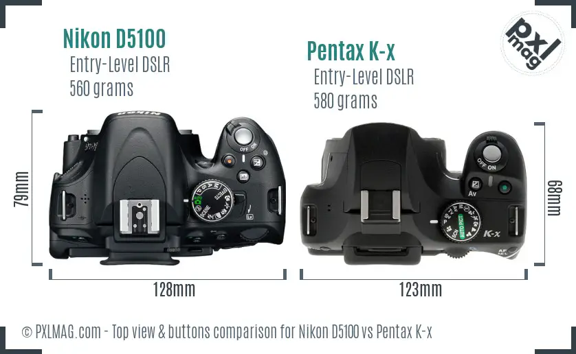 Nikon D5100 vs Pentax K-x top view buttons comparison