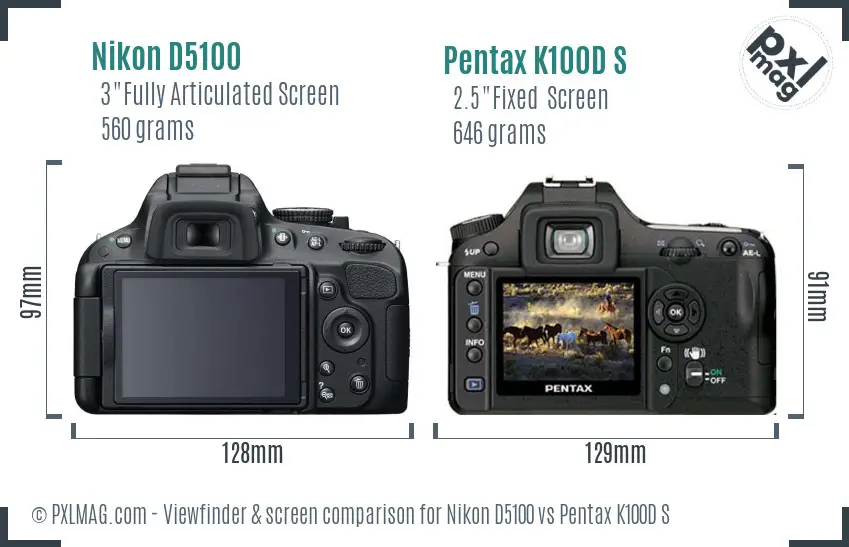 Nikon D5100 vs Pentax K100D S Screen and Viewfinder comparison