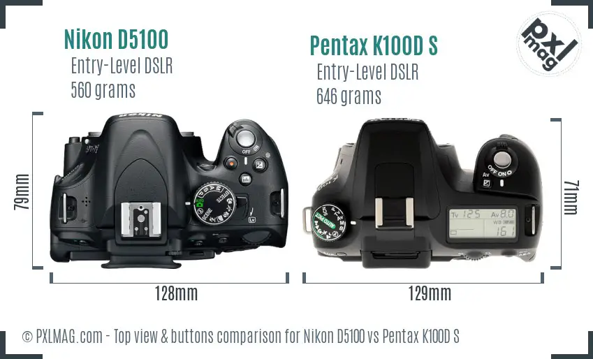 Nikon D5100 vs Pentax K100D S top view buttons comparison