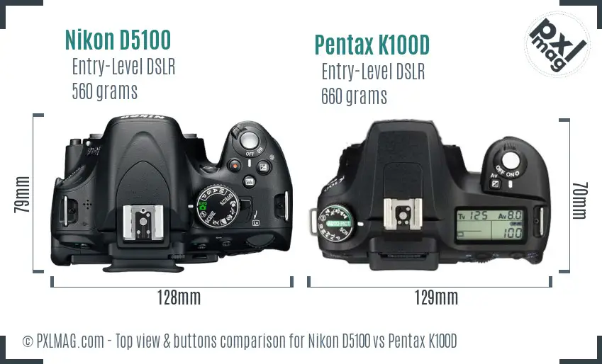 Nikon D5100 vs Pentax K100D top view buttons comparison