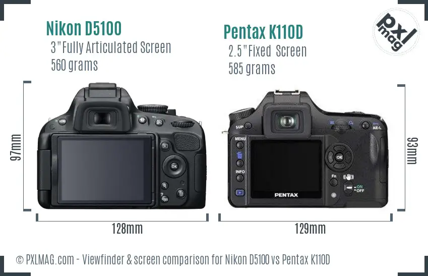 Nikon D5100 vs Pentax K110D Screen and Viewfinder comparison