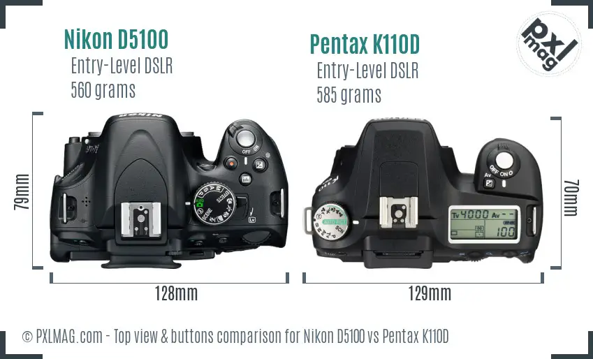 Nikon D5100 vs Pentax K110D top view buttons comparison