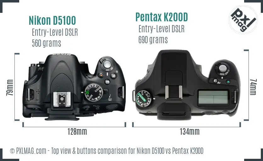 Nikon D5100 vs Pentax K200D top view buttons comparison