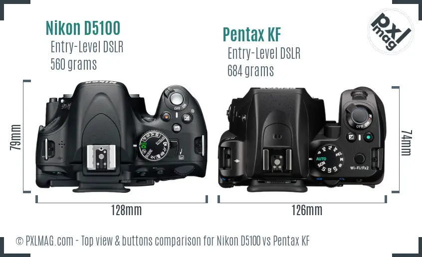 Nikon D5100 vs Pentax KF top view buttons comparison