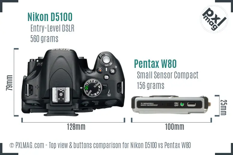 Nikon D5100 vs Pentax W80 top view buttons comparison