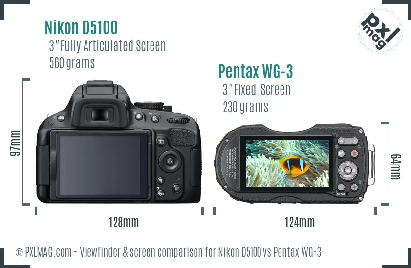 Nikon D5100 vs Pentax WG-3 Screen and Viewfinder comparison