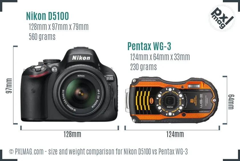 Nikon D5100 vs Pentax WG-3 size comparison
