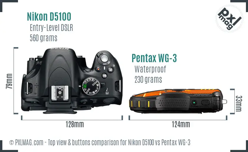 Nikon D5100 vs Pentax WG-3 top view buttons comparison