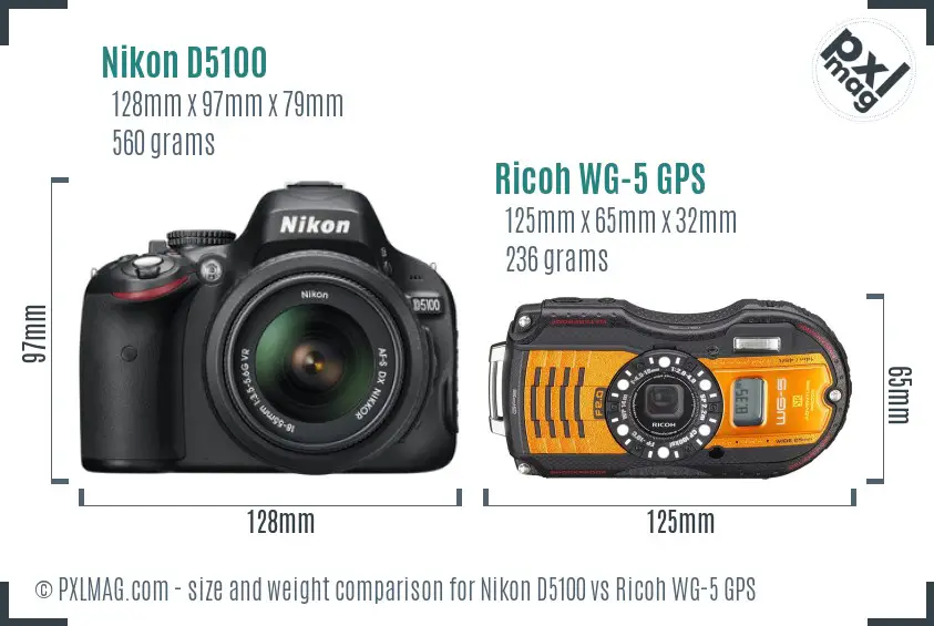 Nikon D5100 vs Ricoh WG-5 GPS size comparison