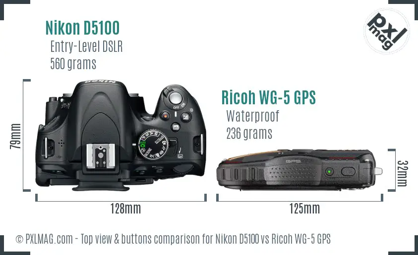 Nikon D5100 vs Ricoh WG-5 GPS top view buttons comparison