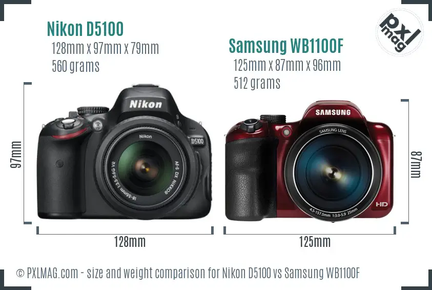 Nikon D5100 vs Samsung WB1100F size comparison