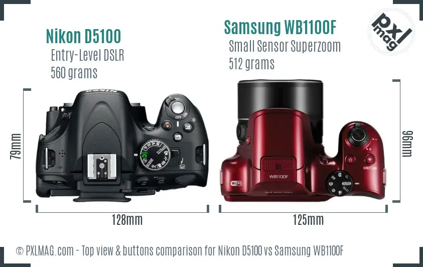 Nikon D5100 vs Samsung WB1100F top view buttons comparison