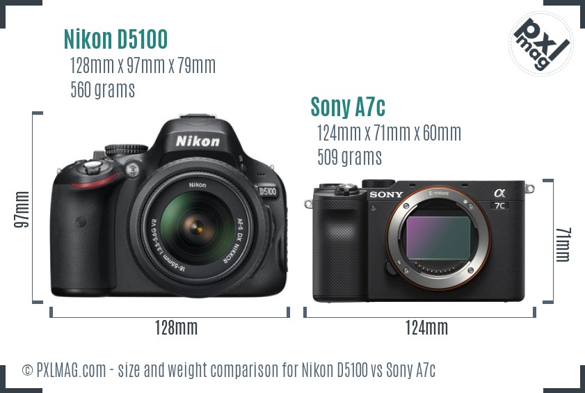 Nikon D5100 vs Sony A7c size comparison