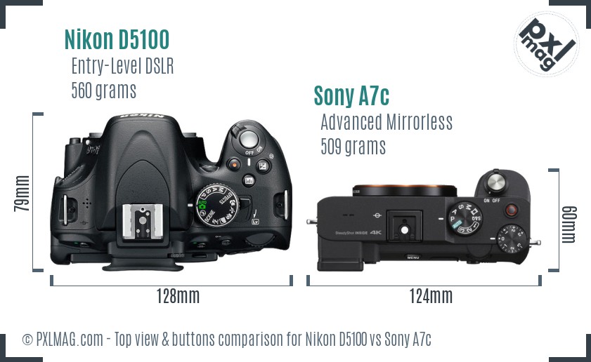Nikon D5100 vs Sony A7c top view buttons comparison