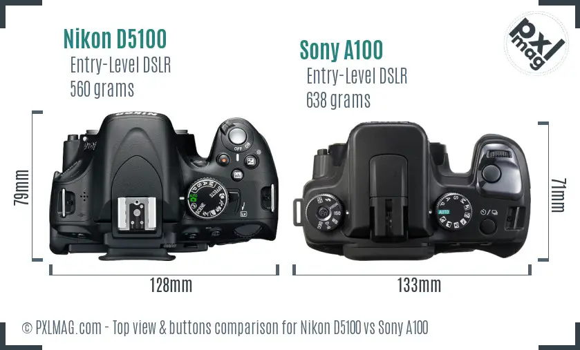 Nikon D5100 vs Sony A100 top view buttons comparison